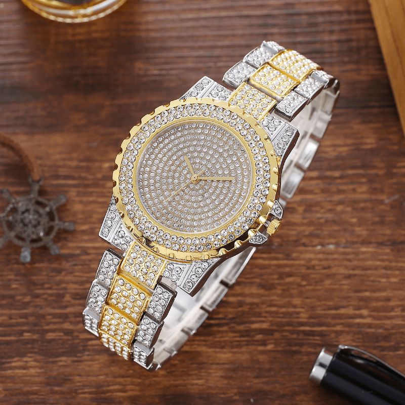 2Kpl Fashion Luxury Full Diamond Steel Band Quartz Watch Punk Tekojalokivirannerengassetti