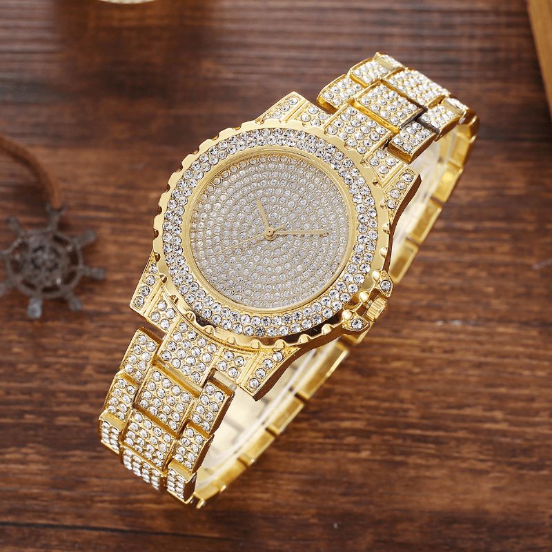 2Kpl Fashion Luxury Full Diamond Steel Band Quartz Watch Punk Tekojalokivirannerengassetti