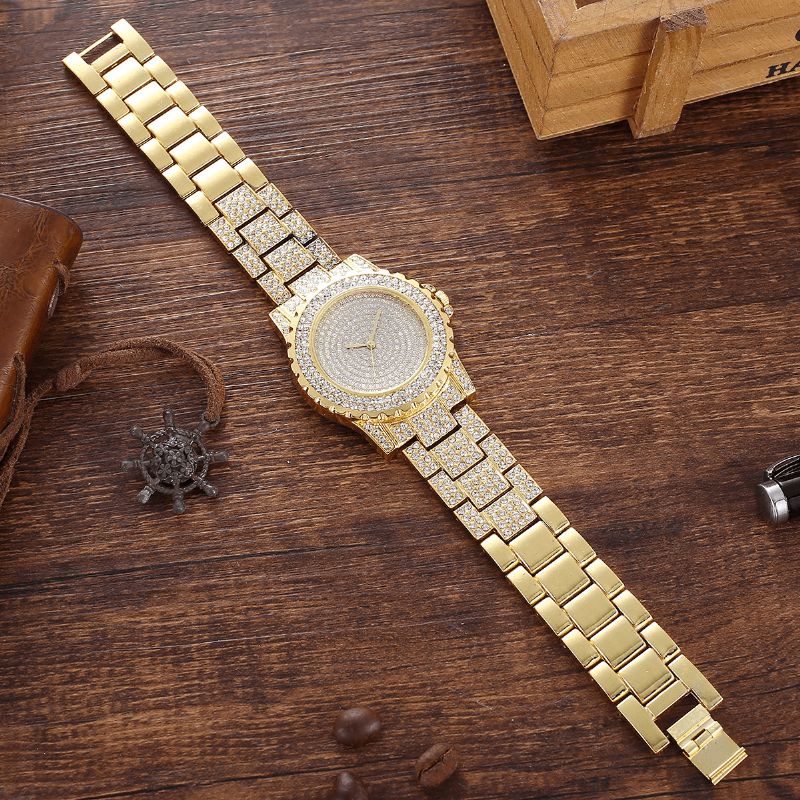 2Kpl Fashion Luxury Full Diamond Steel Band Quartz Watch Punk Tekojalokivirannerengassetti