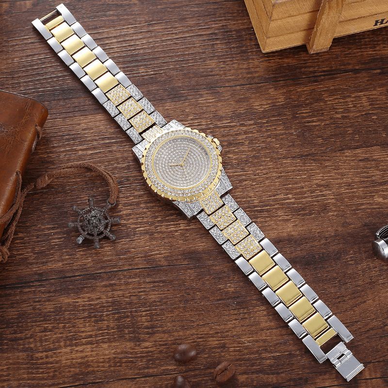 2Kpl Fashion Luxury Full Diamond Steel Band Quartz Watch Punk Tekojalokivirannerengassetti