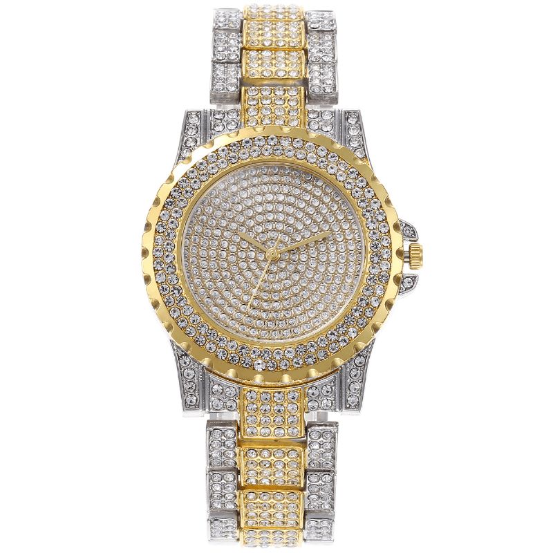 2Kpl Fashion Luxury Full Diamond Steel Band Quartz Watch Punk Tekojalokivirannerengassetti