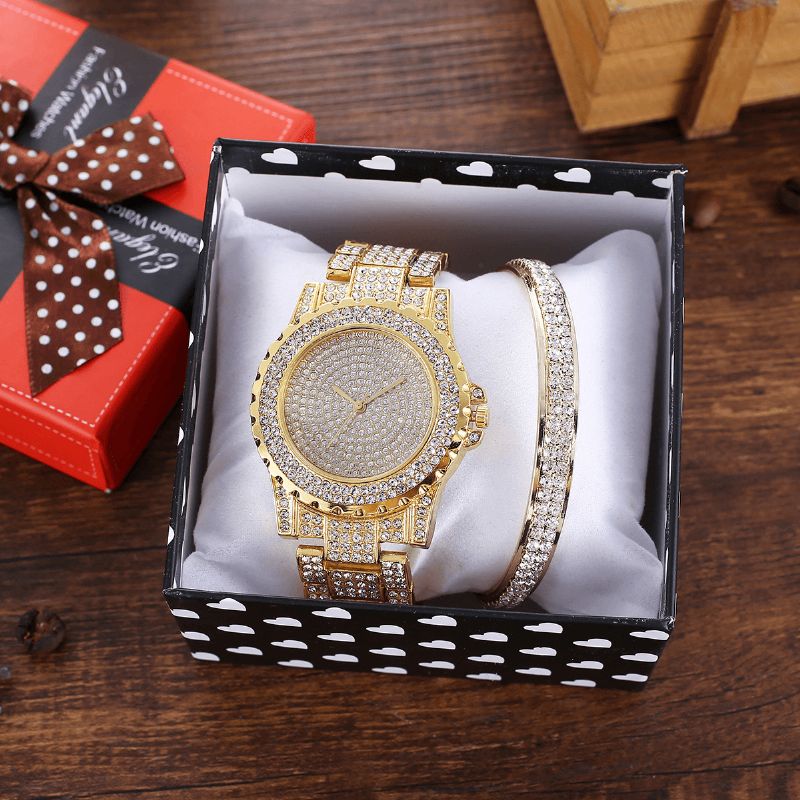 2Kpl Fashion Luxury Full Diamond Steel Band Quartz Watch Punk Tekojalokivirannerengassetti