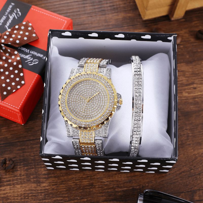 2Kpl Fashion Luxury Full Diamond Steel Band Quartz Watch Punk Tekojalokivirannerengassetti