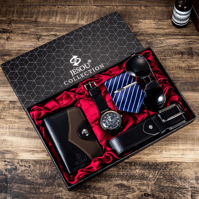 5 Kpl / Setti Business Gift Kit Chronograph Miesten Kvartsikello Rannekello Vyö Lompakko Lasisolmio