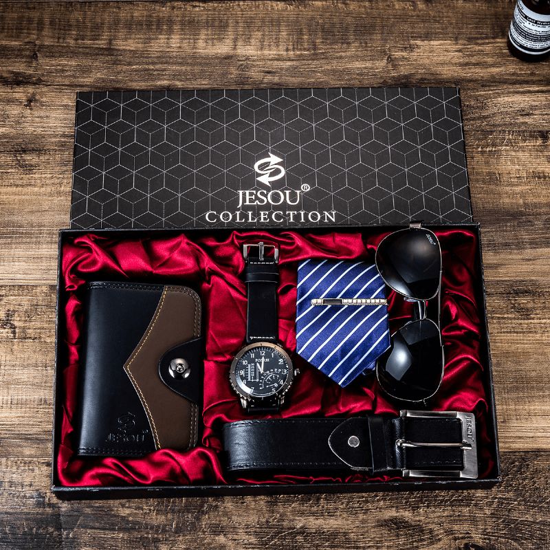 5 Kpl / Setti Business Gift Kit Chronograph Miesten Kvartsikello Rannekello Vyö Lompakko Lasisolmio