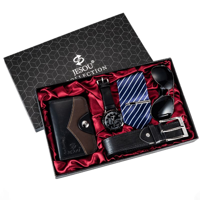 5 Kpl / Setti Business Gift Kit Chronograph Miesten Kvartsikello Rannekello Vyö Lompakko Lasisolmio