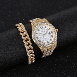 Alloy Hip Hop Luxury 2 Kpl Hip-Hop-Ketju Täystimanttikello Rannekoru Lady Quartz Watch