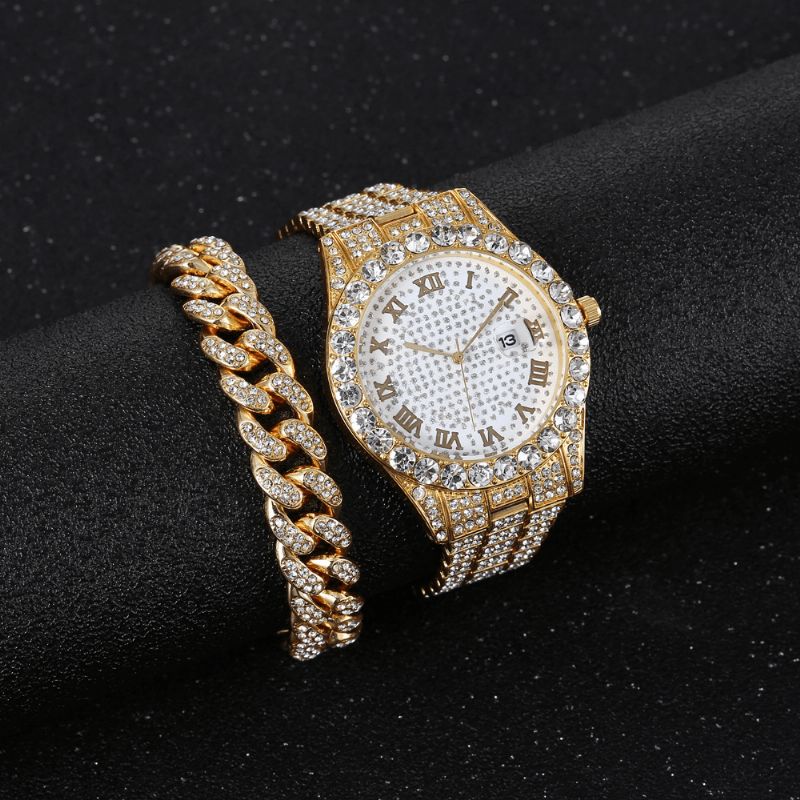 Alloy Hip Hop Luxury 2 Kpl Hip-Hop-Ketju Täystimanttikello Rannekoru Lady Quartz Watch