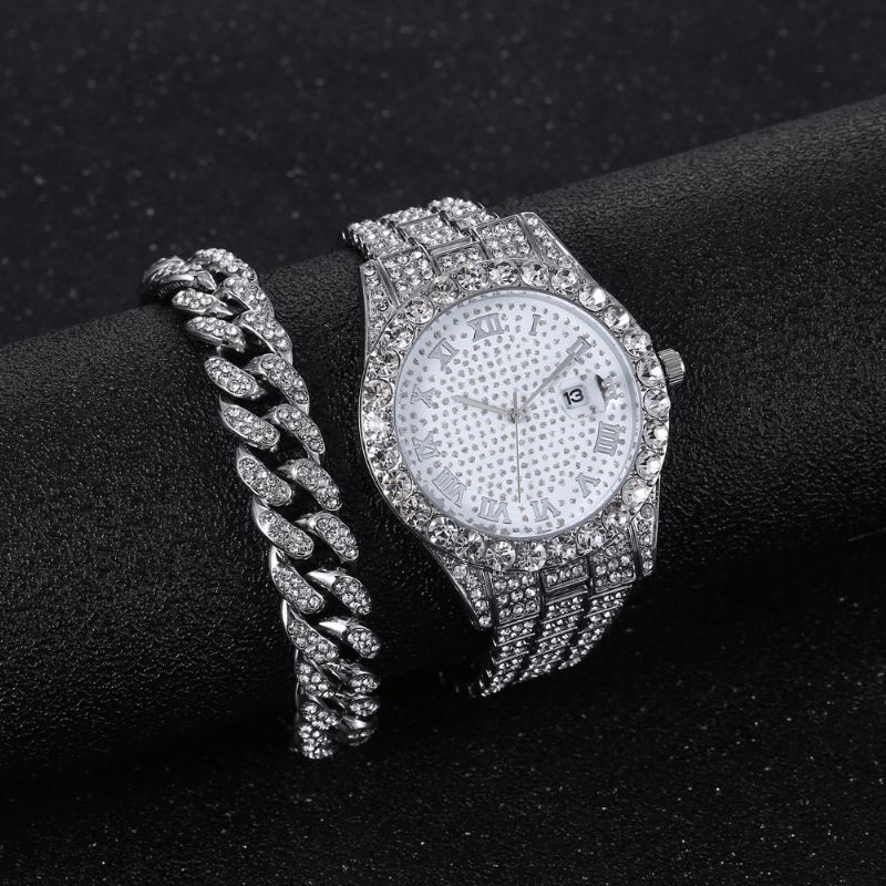 Alloy Hip Hop Luxury 2 Kpl Hip-Hop-Ketju Täystimanttikello Rannekoru Lady Quartz Watch