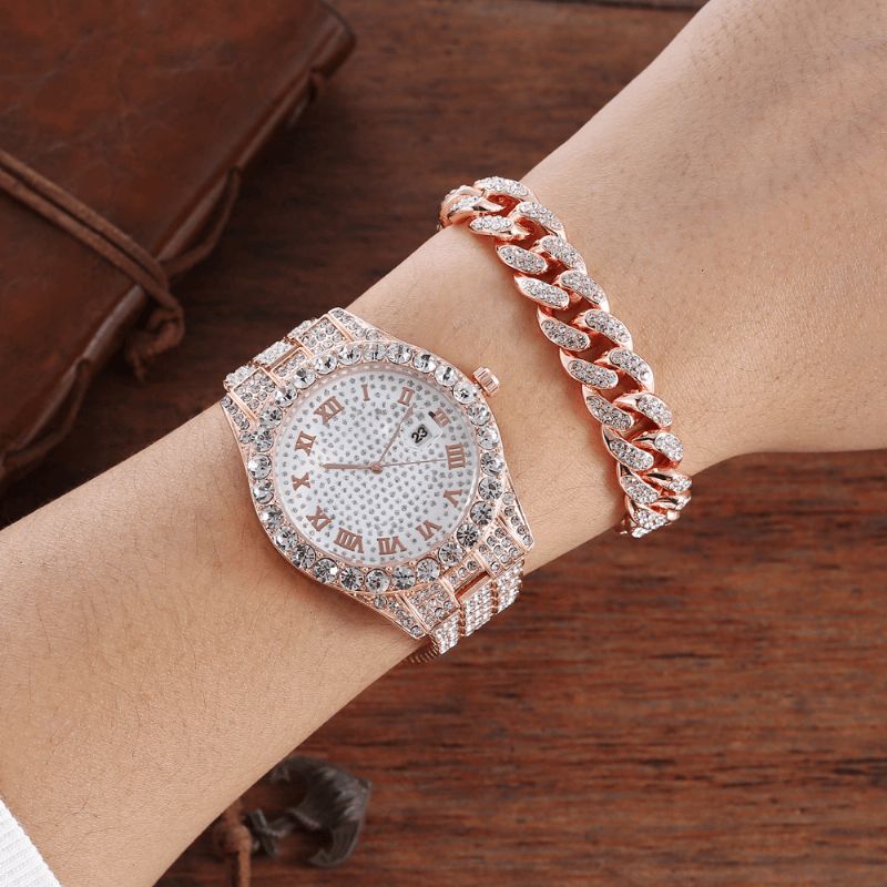 Alloy Hip Hop Luxury 2 Kpl Hip-Hop-Ketju Täystimanttikello Rannekoru Lady Quartz Watch