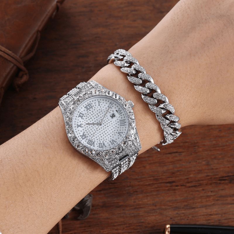 Alloy Hip Hop Luxury 2 Kpl Hip-Hop-Ketju Täystimanttikello Rannekoru Lady Quartz Watch