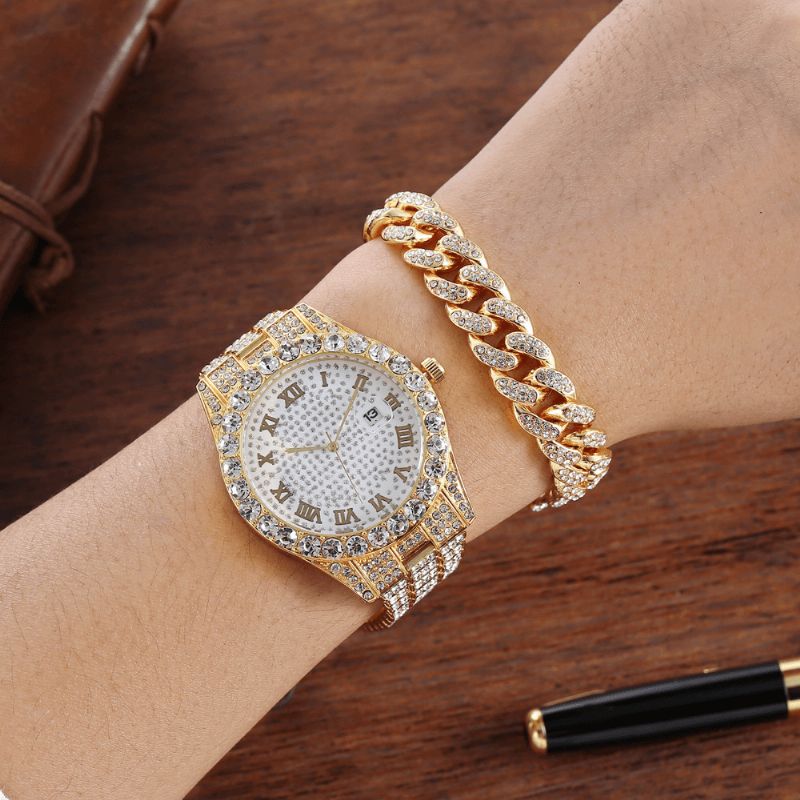 Alloy Hip Hop Luxury 2 Kpl Hip-Hop-Ketju Täystimanttikello Rannekoru Lady Quartz Watch