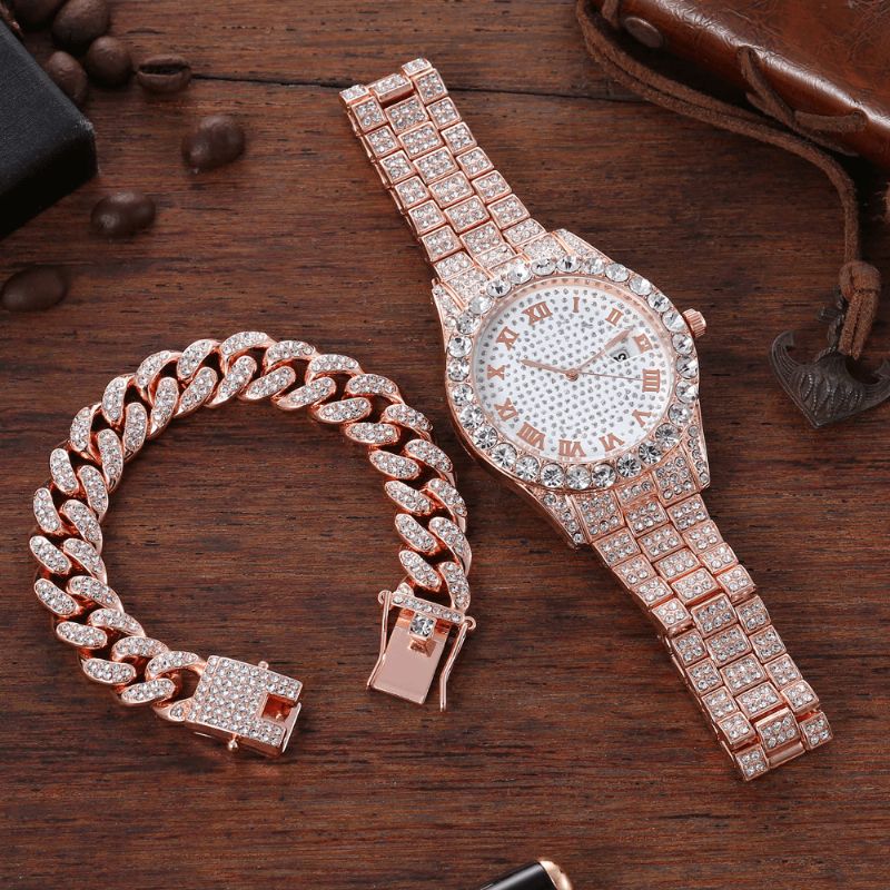 Alloy Hip Hop Luxury 2 Kpl Hip-Hop-Ketju Täystimanttikello Rannekoru Lady Quartz Watch