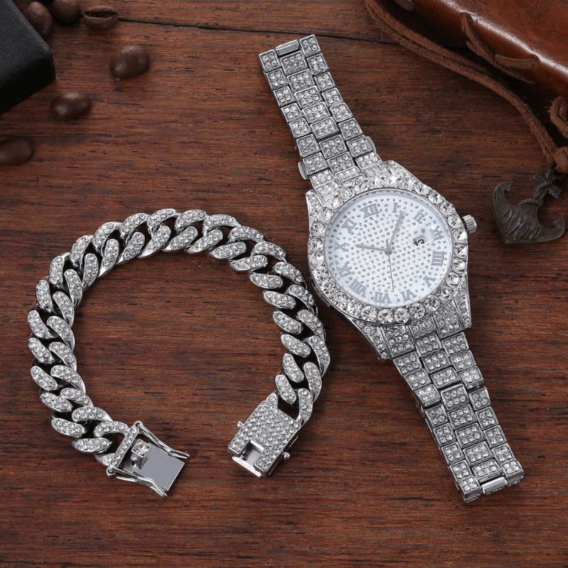 Alloy Hip Hop Luxury 2 Kpl Hip-Hop-Ketju Täystimanttikello Rannekoru Lady Quartz Watch