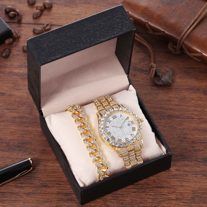 Alloy Hip Hop Luxury 2 Kpl Hip-Hop-Ketju Täystimanttikello Rannekoru Lady Quartz Watch