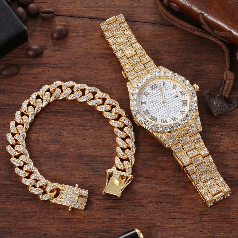 Alloy Hip Hop Luxury 2 Kpl Hip-Hop-Ketju Täystimanttikello Rannekoru Lady Quartz Watch