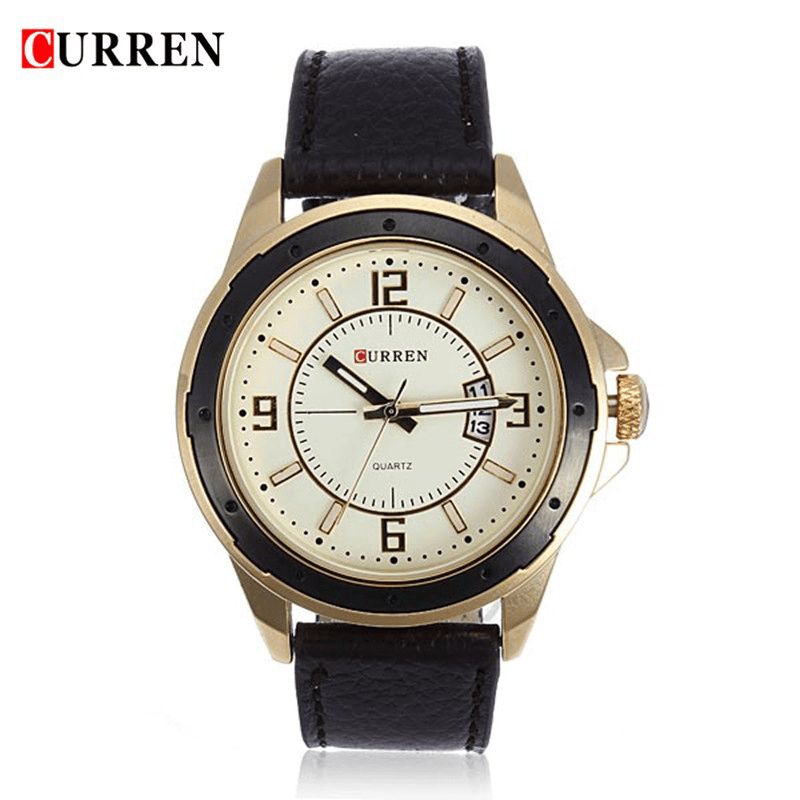 Curren 8124 Black Gold Date Sport Nahkainen Pyöreä Miesten Rannekello