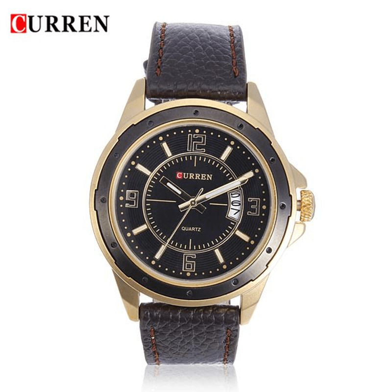 Curren 8124 Black Gold Date Sport Nahkainen Pyöreä Miesten Rannekello