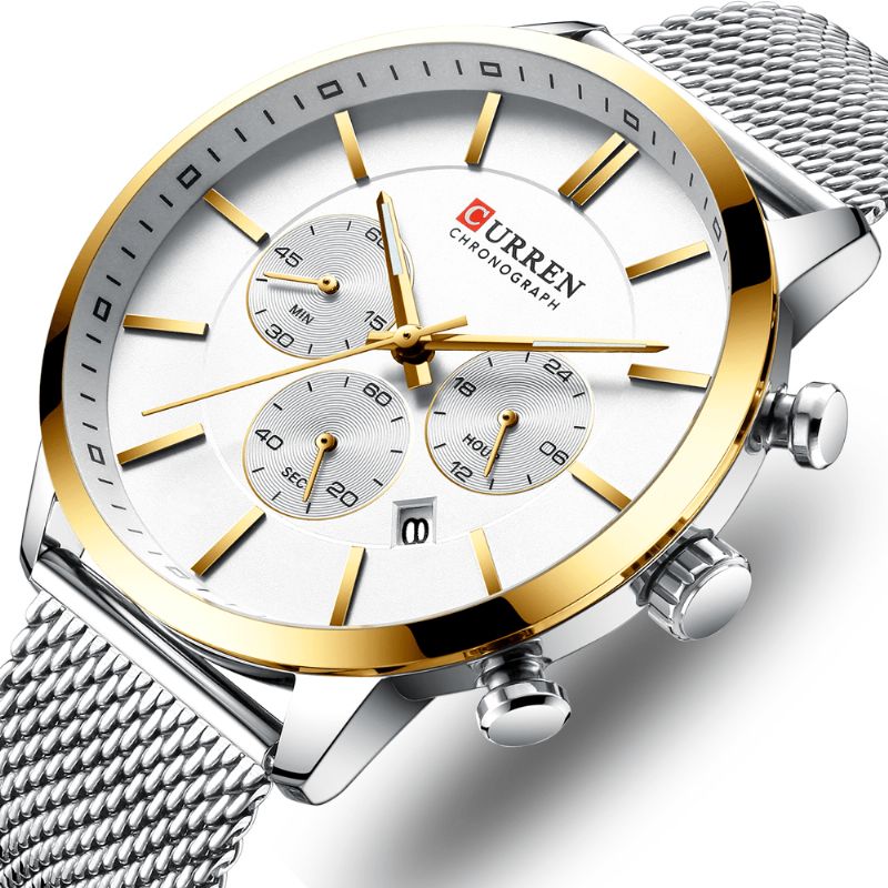 Curren 8340 Chronograph Calendar Miesten Rannekello Mesh Steel Band Quartz Watch