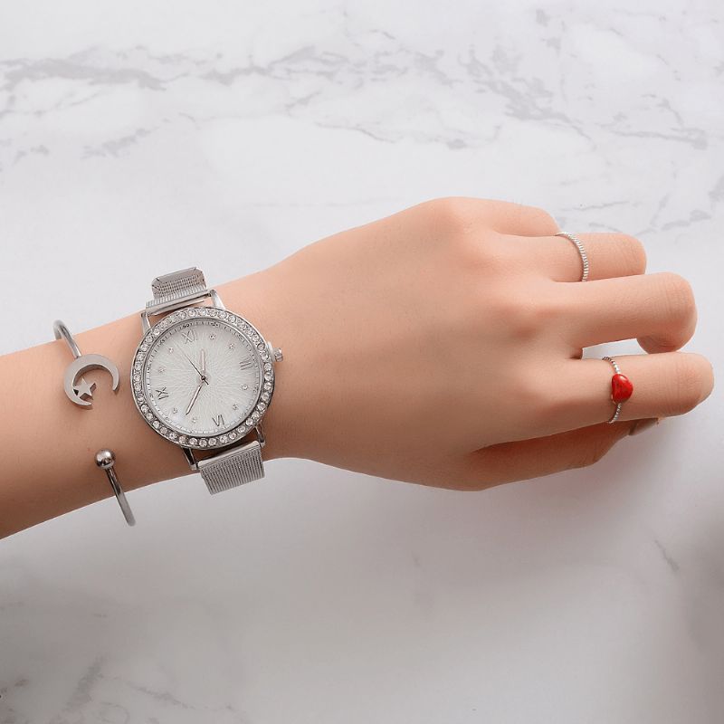 Deffrun Casual Style Crystal Naisten Rannekellot Full Steel Band Quartz Kellot