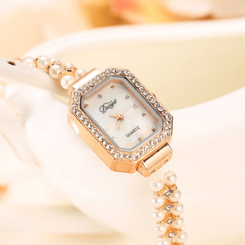 Duoya Naisten Pearl Rannekoru Pyöreä Square Crystal Case Quartz Watch