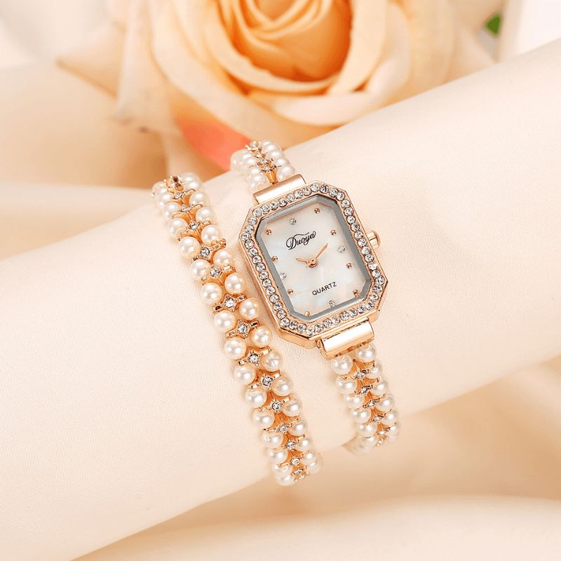 Duoya Naisten Pearl Rannekoru Pyöreä Square Crystal Case Quartz Watch