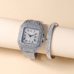 Fashion Alloy Business 2 Pcs Square Full Diamond Steel Band Quartz Watch Rannekorusarja