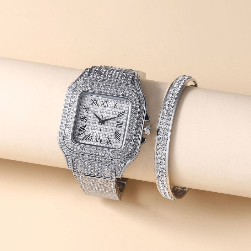 Fashion Alloy Business 2 Pcs Square Full Diamond Steel Band Quartz Watch Rannekorusarja