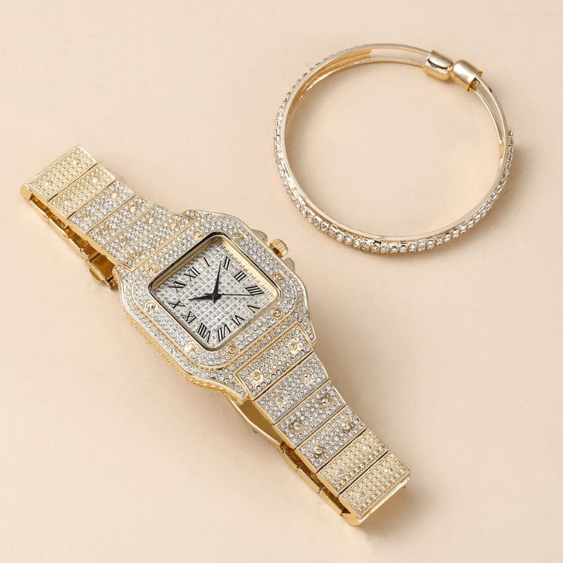 Fashion Alloy Business 2 Pcs Square Full Diamond Steel Band Quartz Watch Rannekorusarja