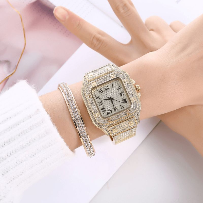 Fashion Alloy Business 2 Pcs Square Full Diamond Steel Band Quartz Watch Rannekorusarja