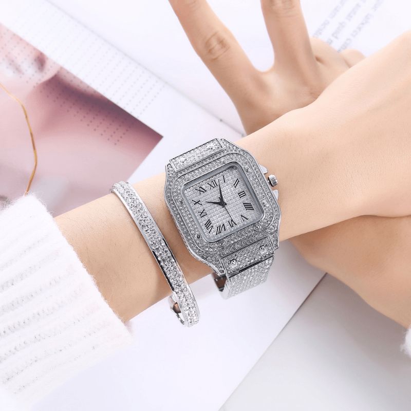 Fashion Alloy Business 2 Pcs Square Full Diamond Steel Band Quartz Watch Rannekorusarja