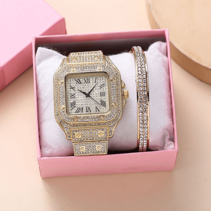 Fashion Alloy Business 2 Pcs Square Full Diamond Steel Band Quartz Watch Rannekorusarja