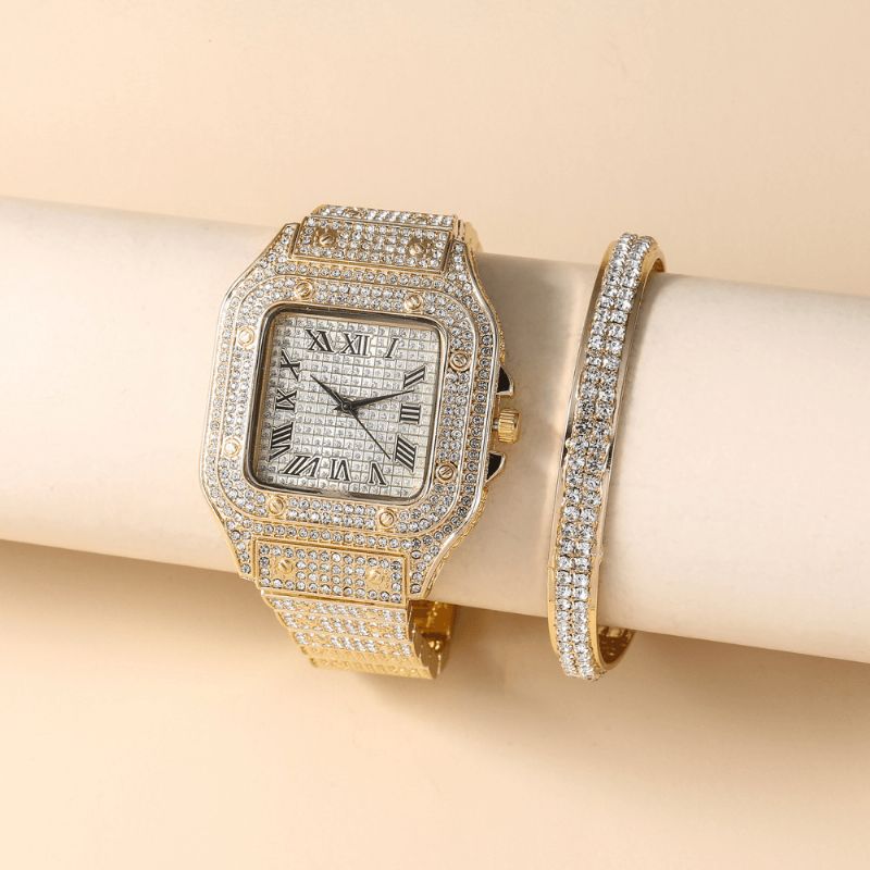 Fashion Alloy Business 2 Pcs Square Full Diamond Steel Band Quartz Watch Rannekorusarja