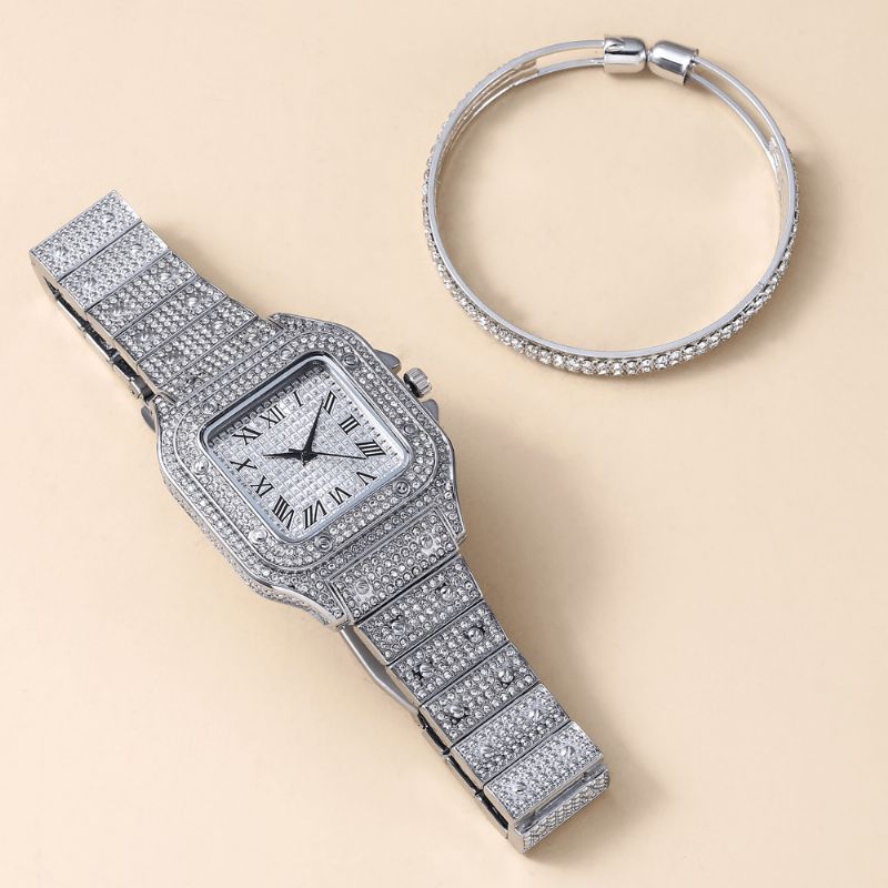 Fashion Alloy Business 2 Pcs Square Full Diamond Steel Band Quartz Watch Rannekorusarja