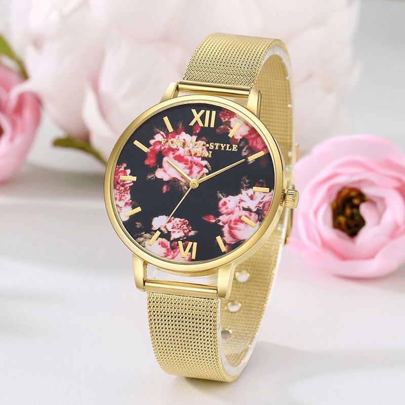 Lvpai Mesh Steel Band Casual Style Naisten Rannekello Flower Elegant Design Quartz Watch