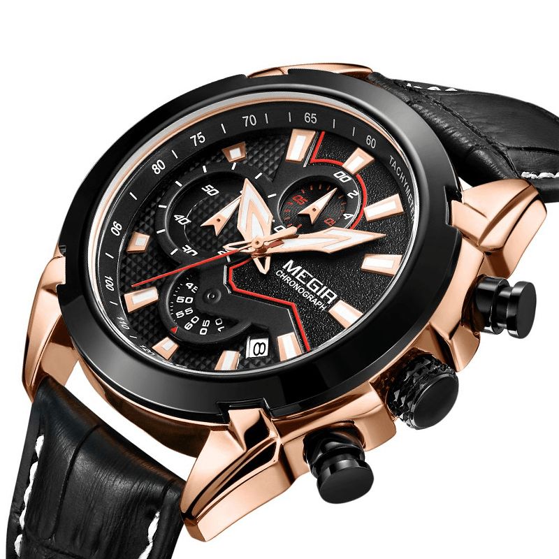 Megir 2065 Urheilukellot Creative Chronograph Quartz Leather Range Miesten Kello