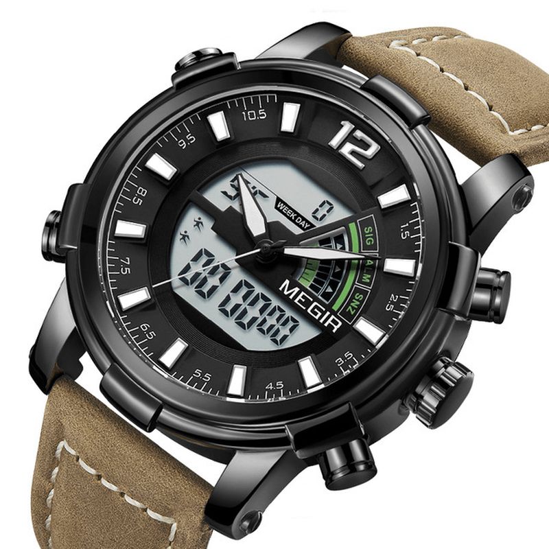 Megir 2089 Military Sport Style Led Kronografi Valoava Dual Display Digital Watch Nahkainen Miesten Rannekello