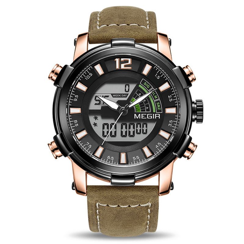 Megir 2089 Military Sport Style Led Kronografi Valoava Dual Display Digital Watch Nahkainen Miesten Rannekello