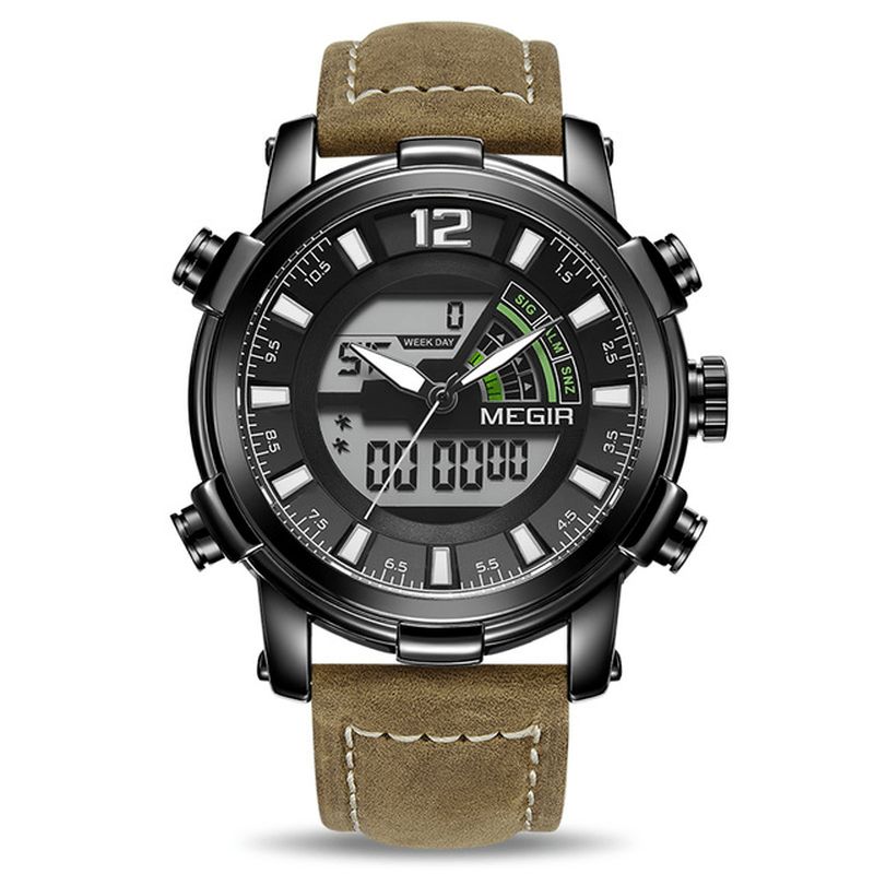 Megir 2089 Military Sport Style Led Kronografi Valoava Dual Display Digital Watch Nahkainen Miesten Rannekello