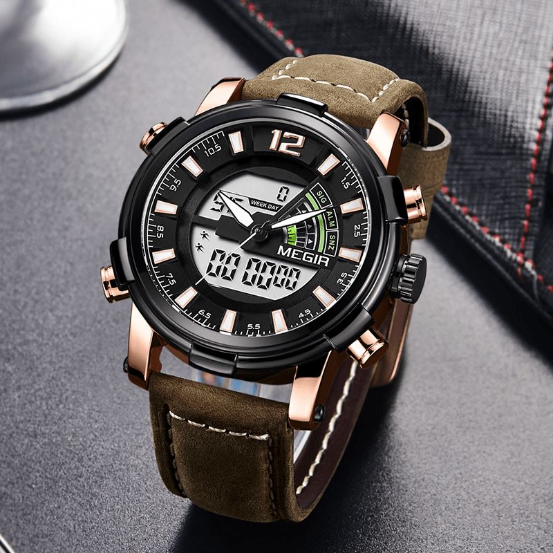 Megir 2089 Military Sport Style Led Kronografi Valoava Dual Display Digital Watch Nahkainen Miesten Rannekello