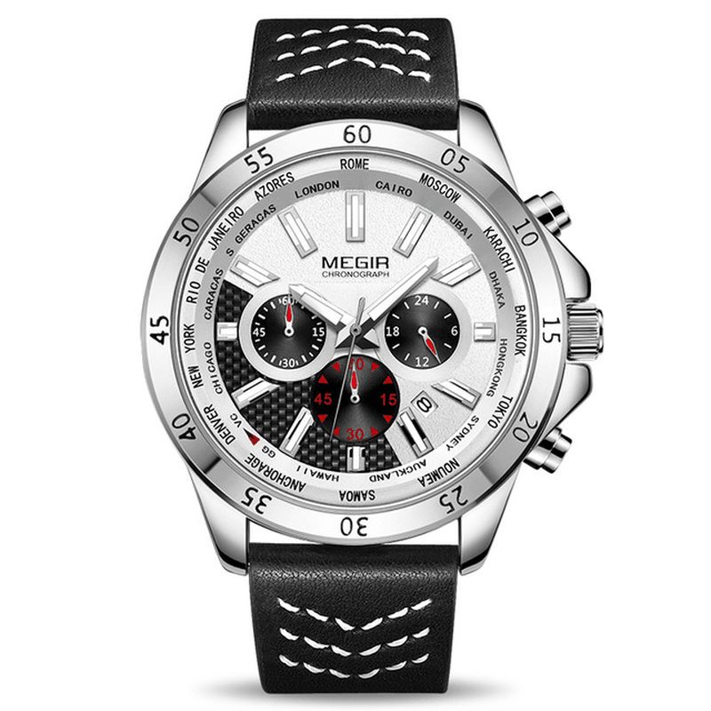 Megir 2103 Military Chronograph Calendar Luminous Miesten Rannekello Nahkahihna Kvartsikello