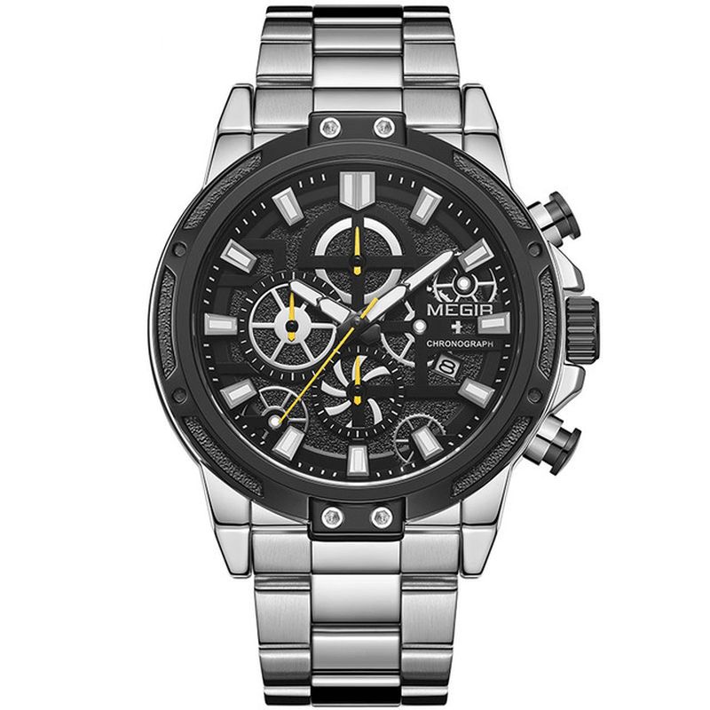 Megir 2108 Luxury Big Dial Chronograph Business Style Ruostumattomasta Teräksestä Miesten Kello Kvartsi Kello