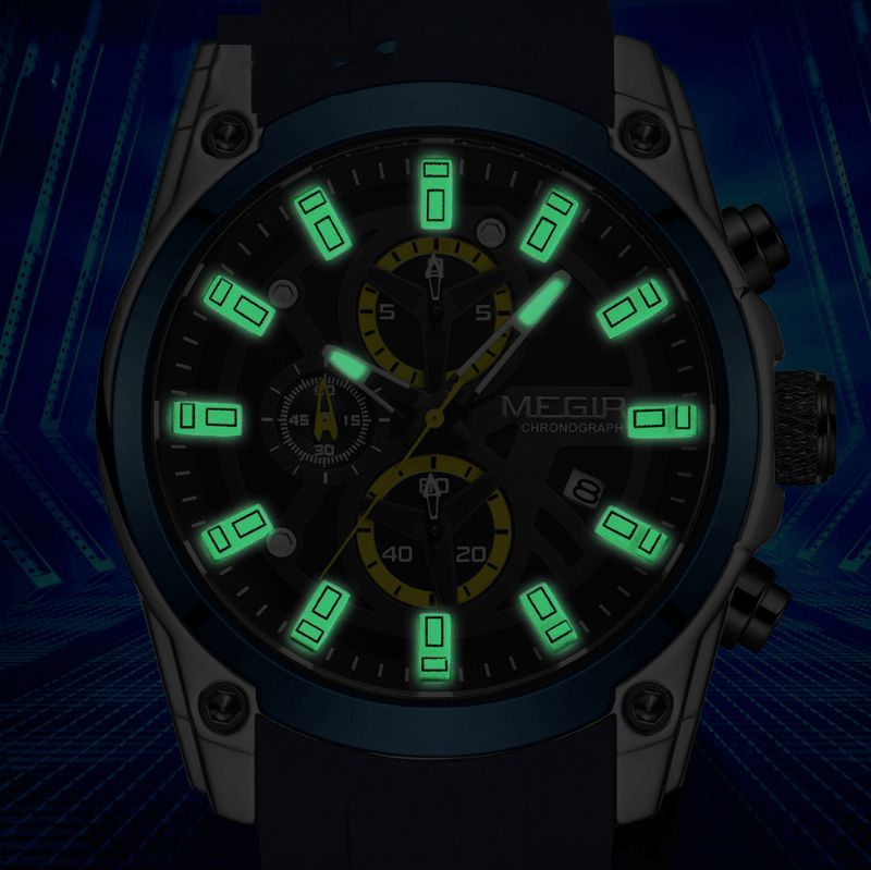 Megir 2144 Casual Sport Miesten Kello Chronograph Luminous Function Kalenteri Silikonihihna 3Atm Vedenpitävä Kvartsikello