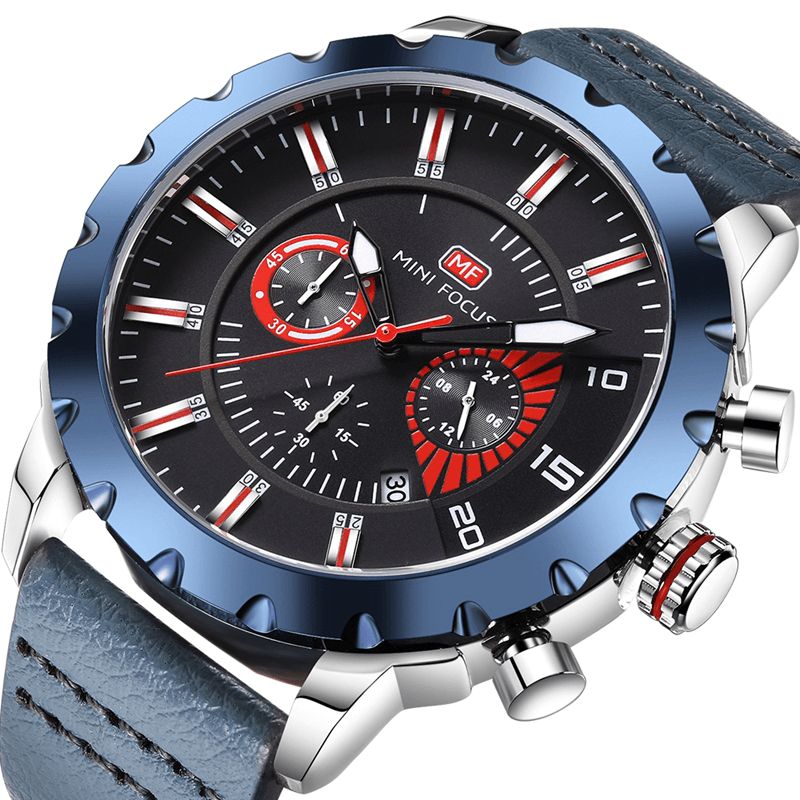 Mini Focus Mf0079G Monitoimi Miesten Rannekello Chronograph Nahkaranneke Kvartsikello