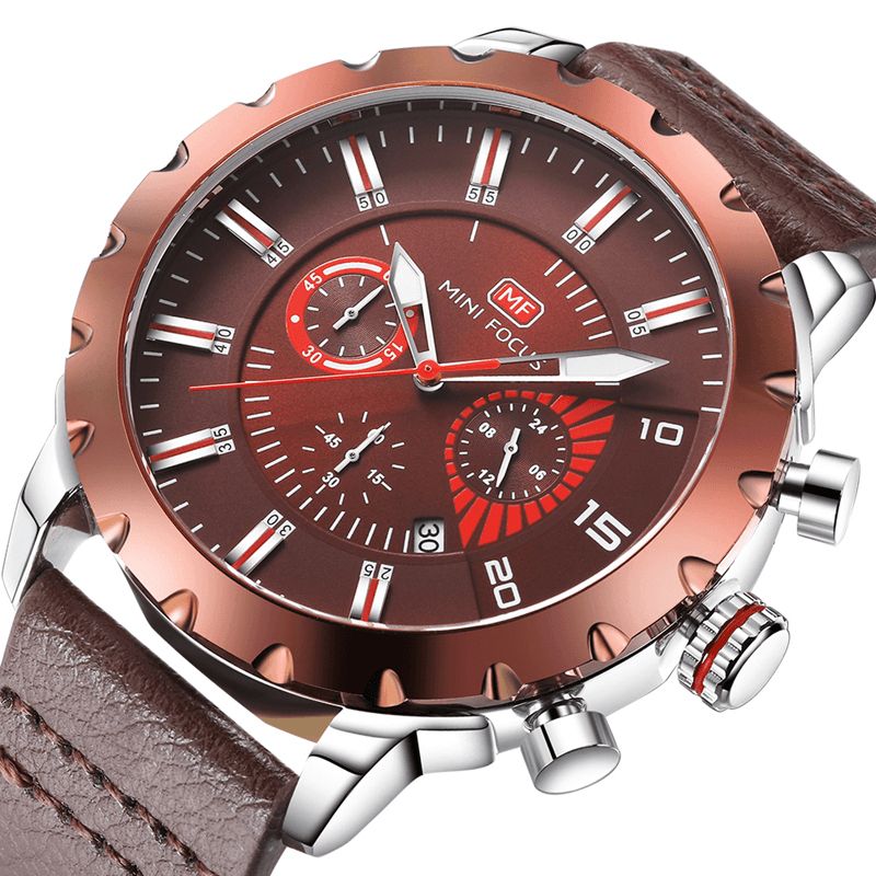 Mini Focus Mf0079G Monitoimi Miesten Rannekello Chronograph Nahkaranneke Kvartsikello