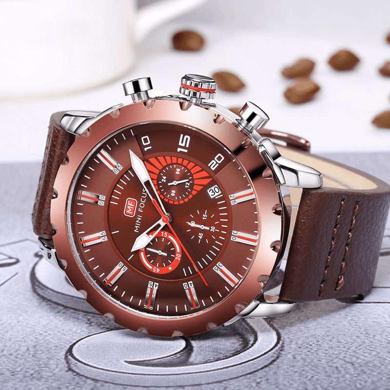 Mini Focus Mf0079G Monitoimi Miesten Rannekello Chronograph Nahkaranneke Kvartsikello