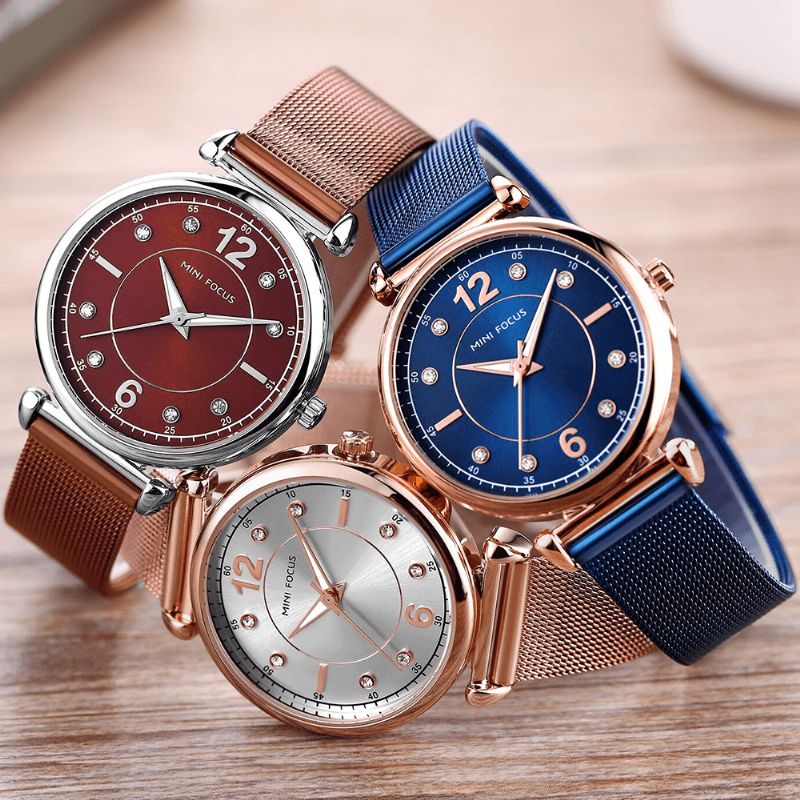 Mini Focus Mf0177L Elegant Design Mesh Steel Naisten Rannekello Crystal Naisten Quartz Watch