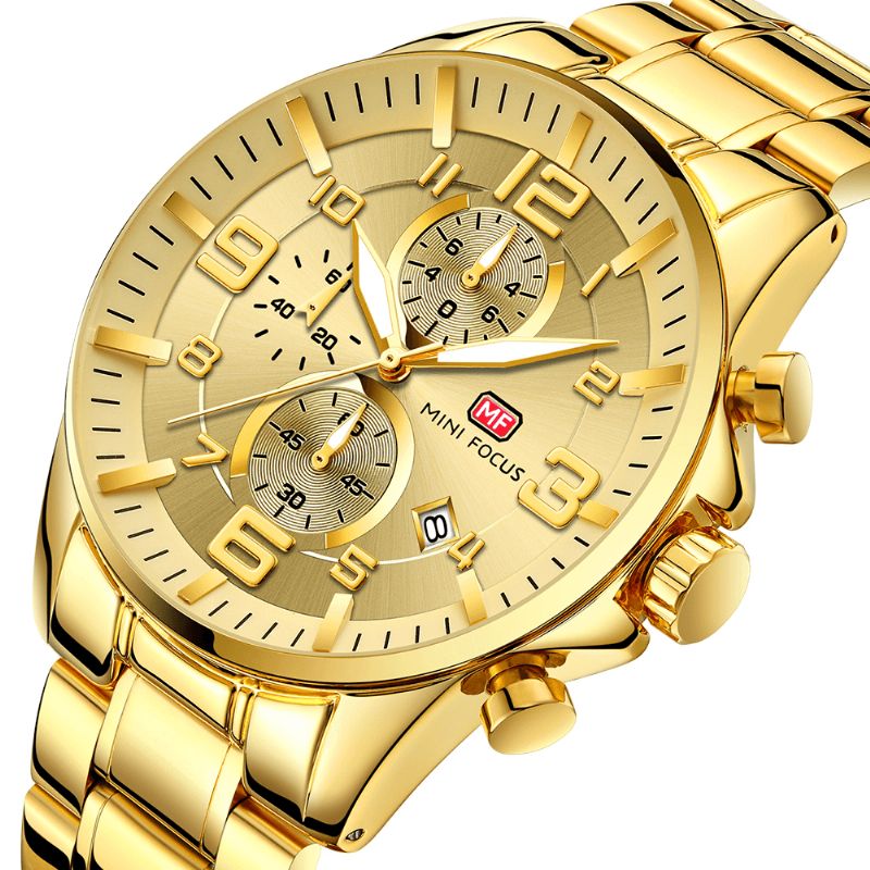 Mini Focus Mf0278G Royal Golden Ruostumattomasta Teräksestä Valmistettu Kronografi Business Quartz Watch Miesten Rannekello