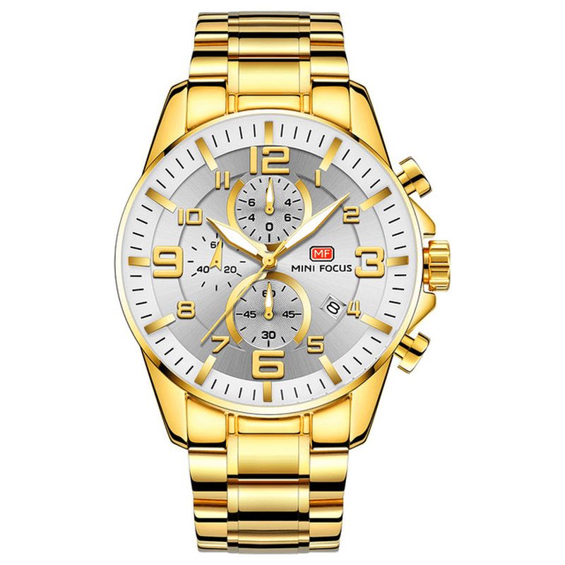 Mini Focus Mf0278G Royal Golden Ruostumattomasta Teräksestä Valmistettu Kronografi Business Quartz Watch Miesten Rannekello