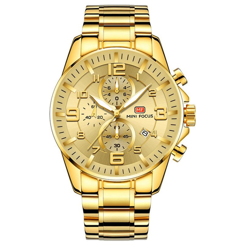 Mini Focus Mf0278G Royal Golden Ruostumattomasta Teräksestä Valmistettu Kronografi Business Quartz Watch Miesten Rannekello